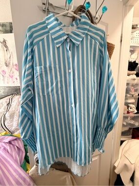 Light Blue & White Striped women Button-Up DC